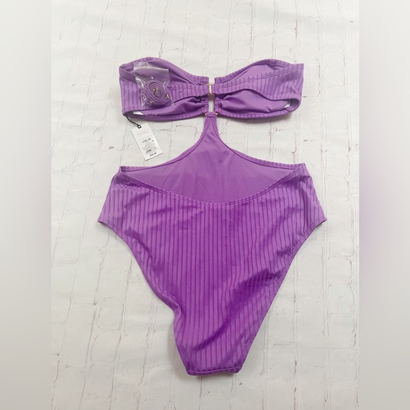 [Shade & Shore] NWT purple ribbed cutout one piece bandeau swimsuit LARGE - Picture 2 of 4